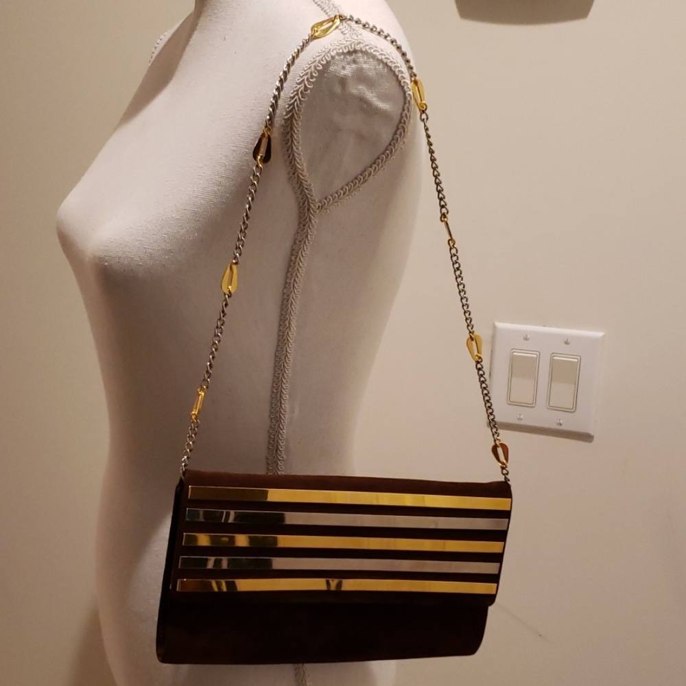 Lord & Taylor Brown Clutch with Gold Striped Accent